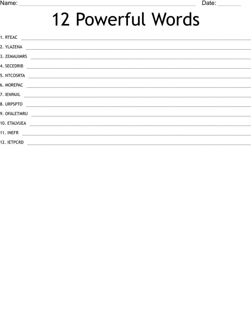 12 Powerful Words Word Scramble