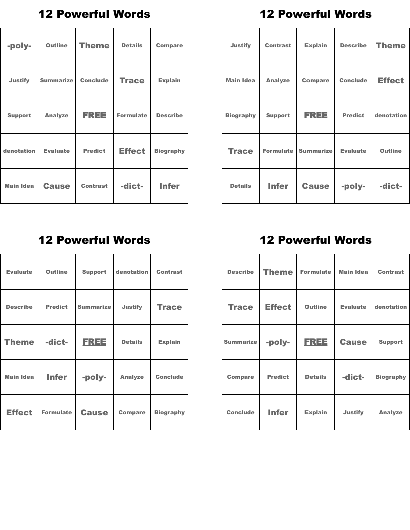 12 Powerful Words Bingo Cards