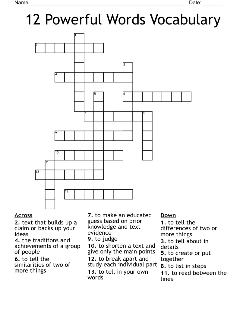 12 Powerful Words Vocabulary Crossword