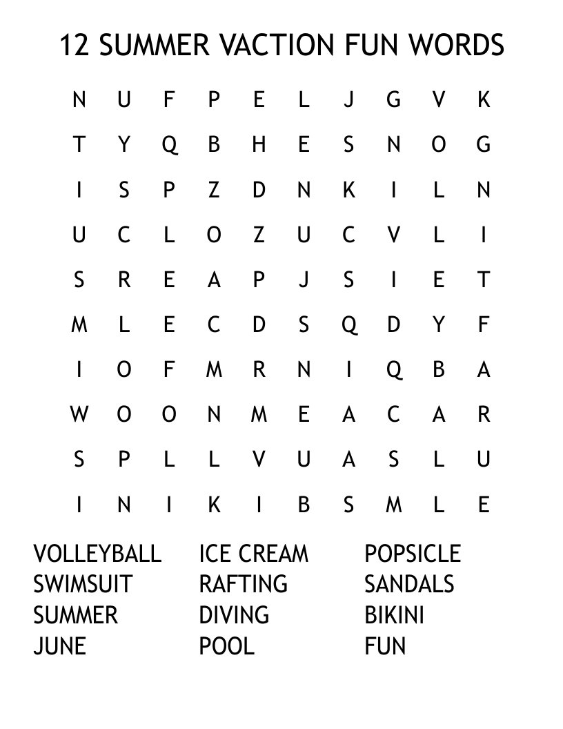 12 SUMMER VACTION FUN WORDS Word Search