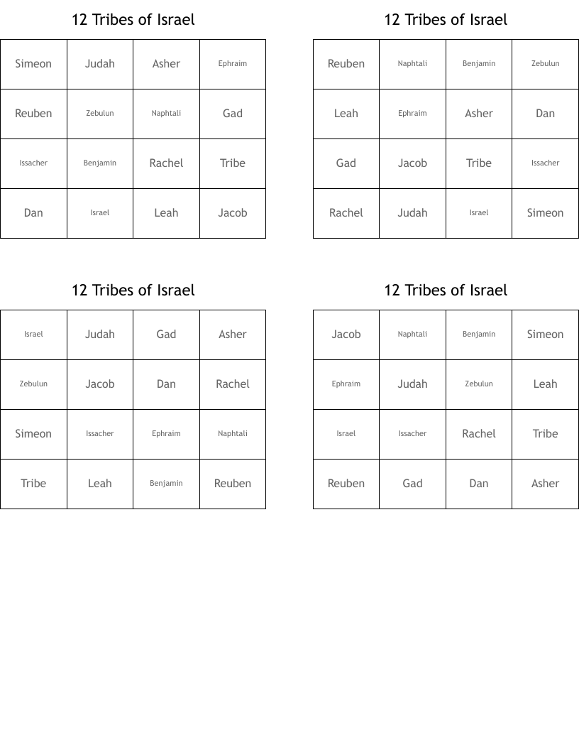 12 Tribes of Israel  Bingo Cards