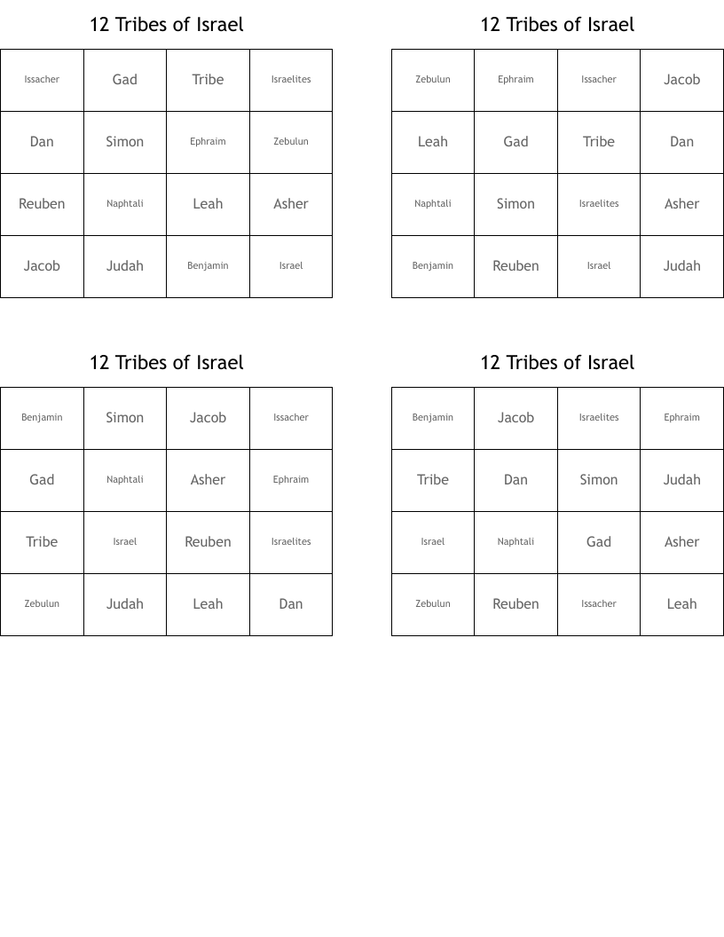 12 Tribes of  Israel Bingo Cards