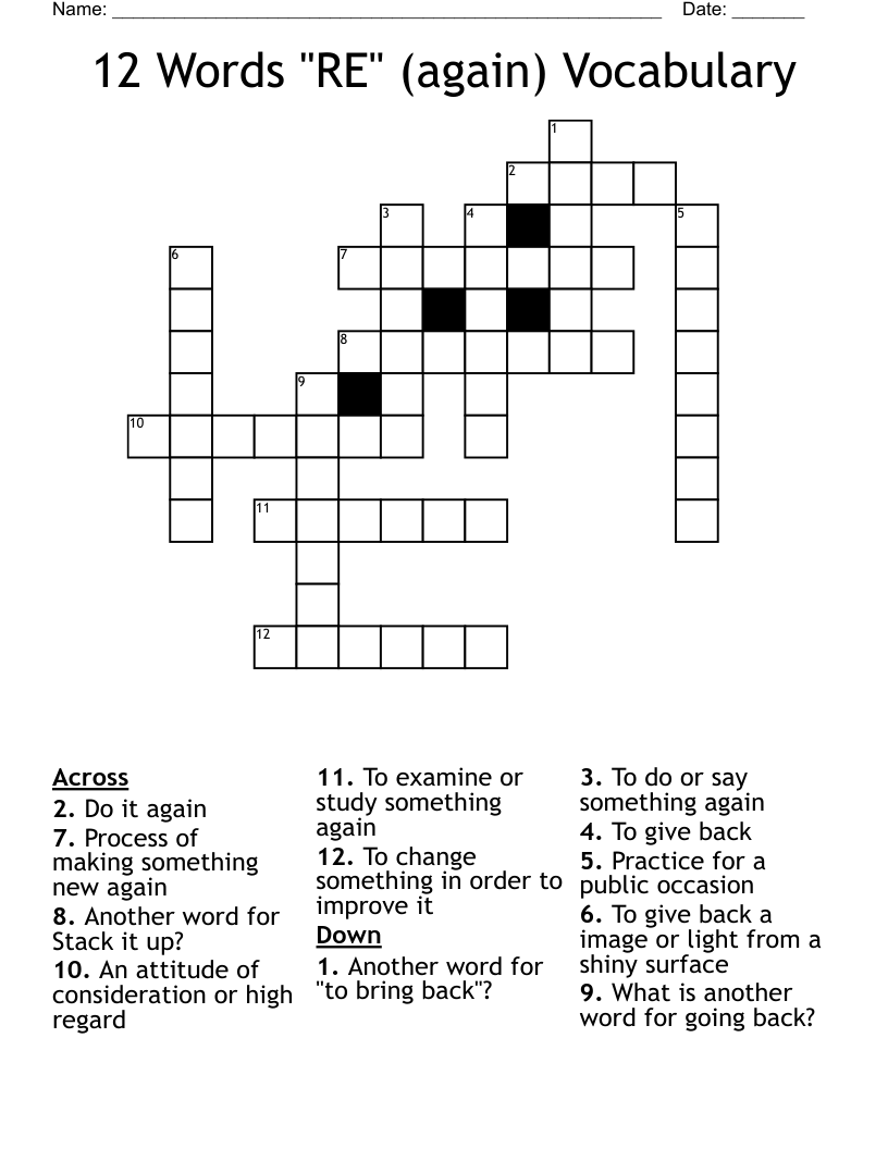 12 Words "RE" (again) Vocabulary Crossword