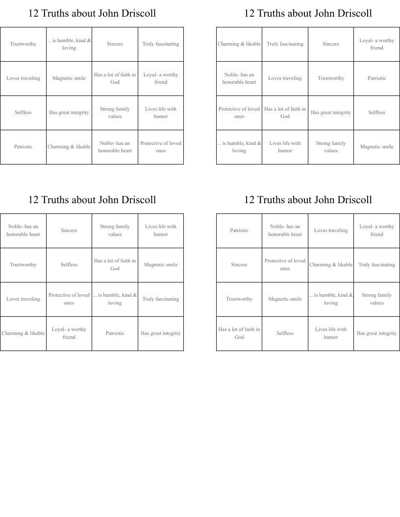 12  Truths about John Driscoll Bingo Cards