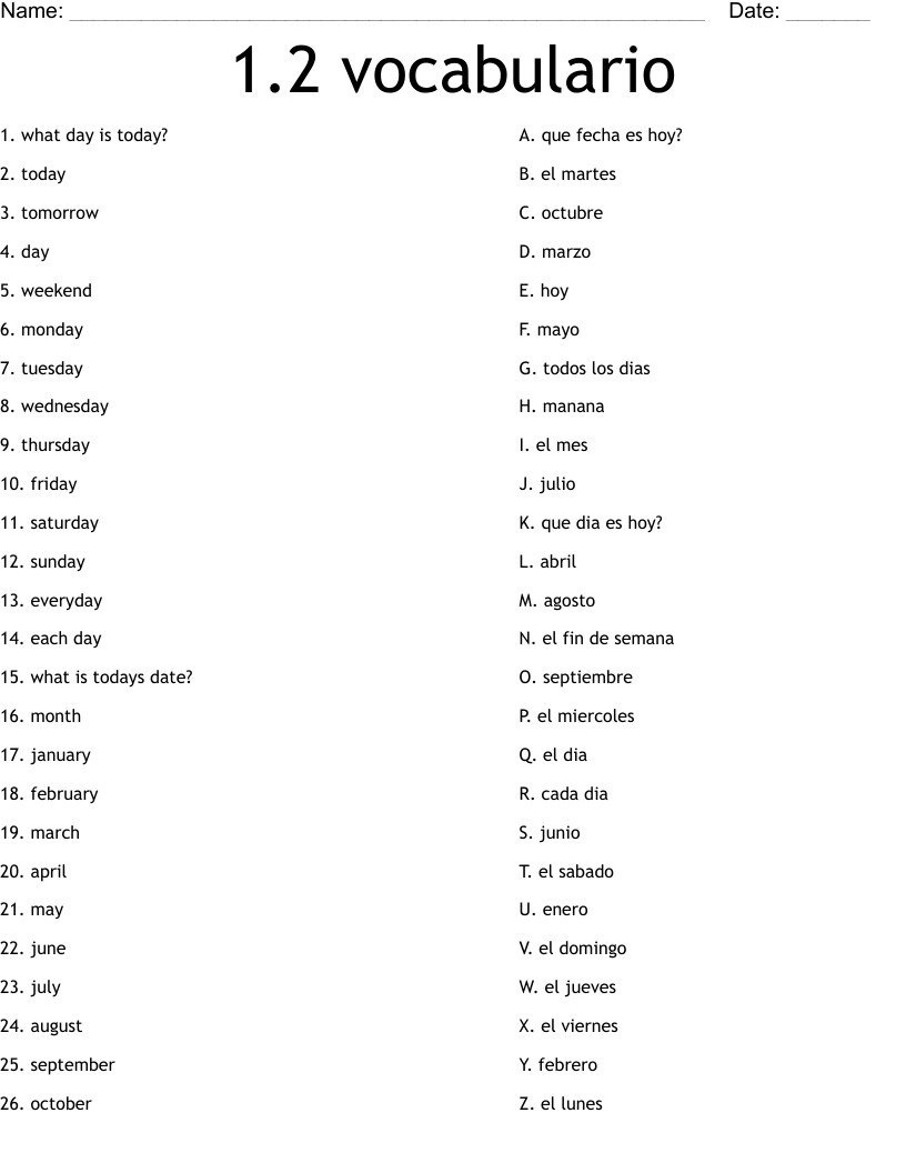 1.2 vocabulario Worksheet