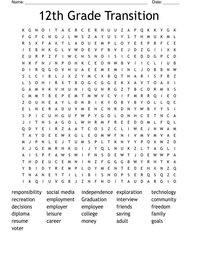 12th Grade Transition Word Search