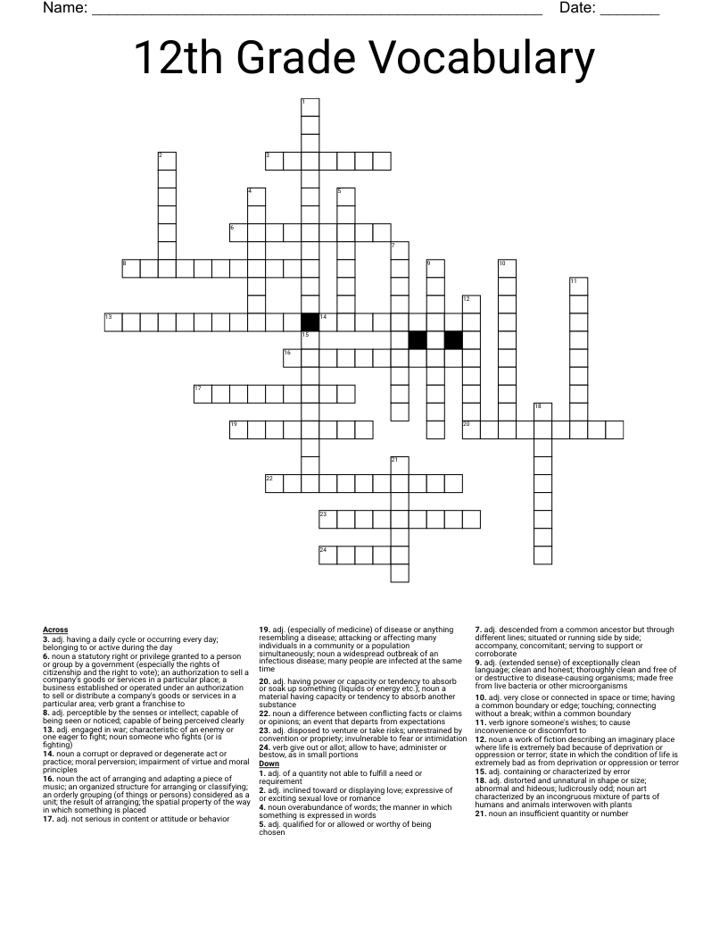 12th Grade Vocabulary Crossword