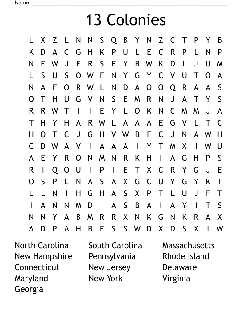 13 Colonies Word Search