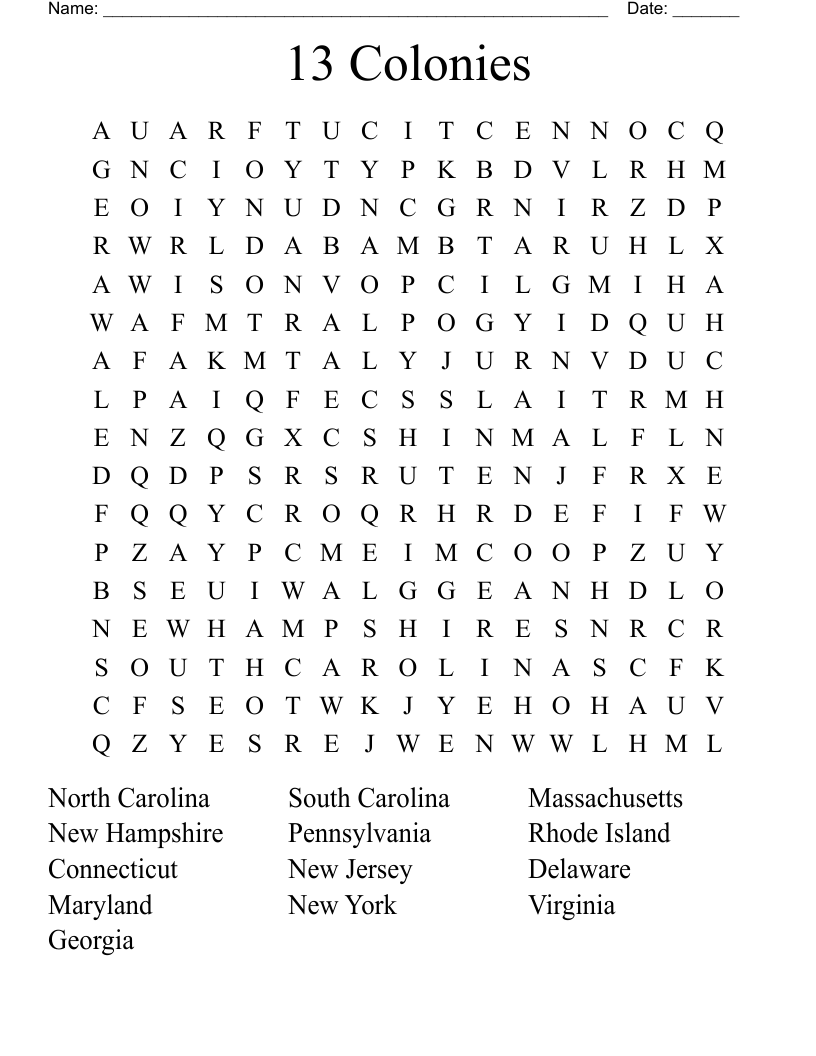 13 Colonies Word Search