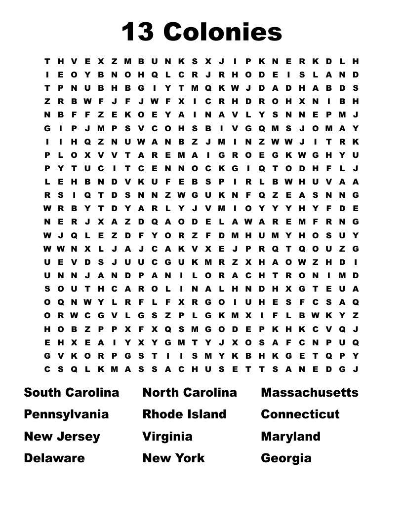 13 Colonies Word Search