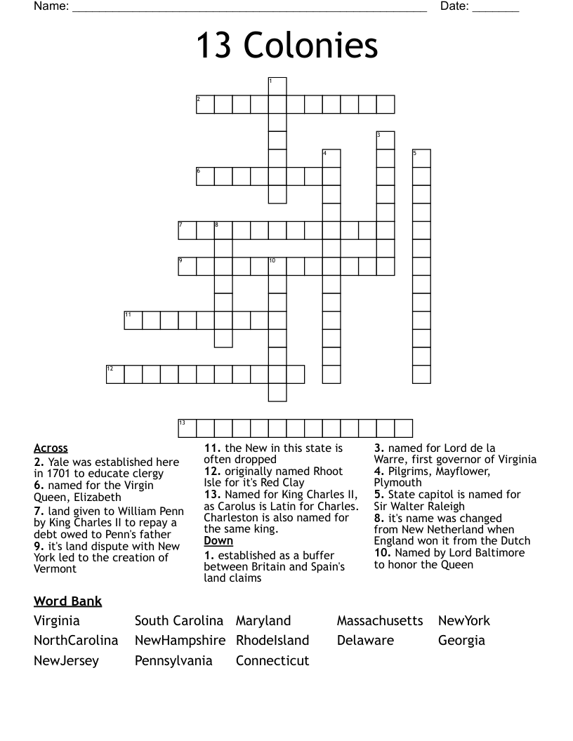 13 Colonies Crossword