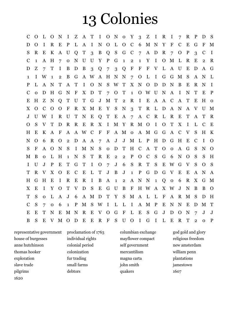 13 Colonies Word Search