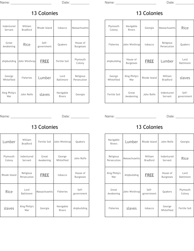 13 Colonies Bingo Cards