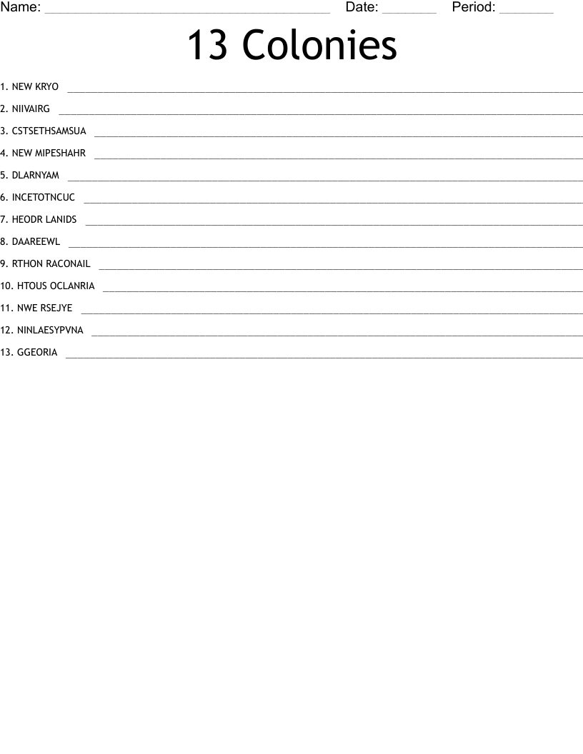 13 Colonies Word Scramble