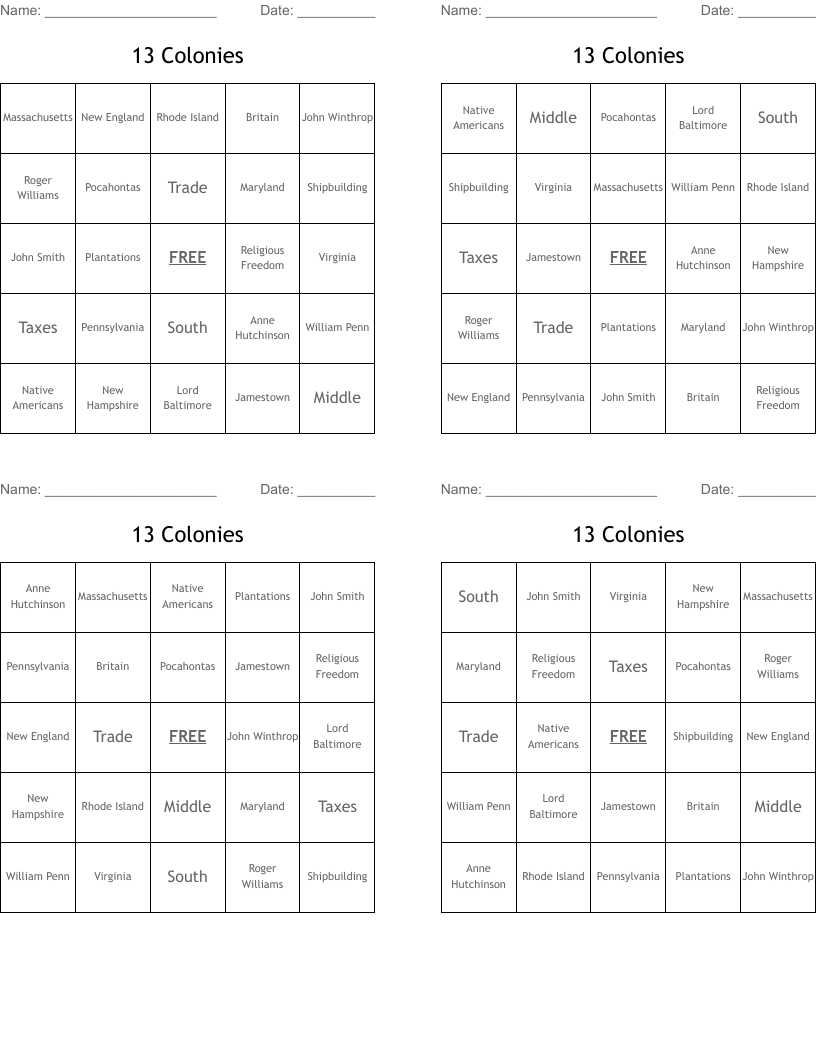 13 Colonies Bingo Cards