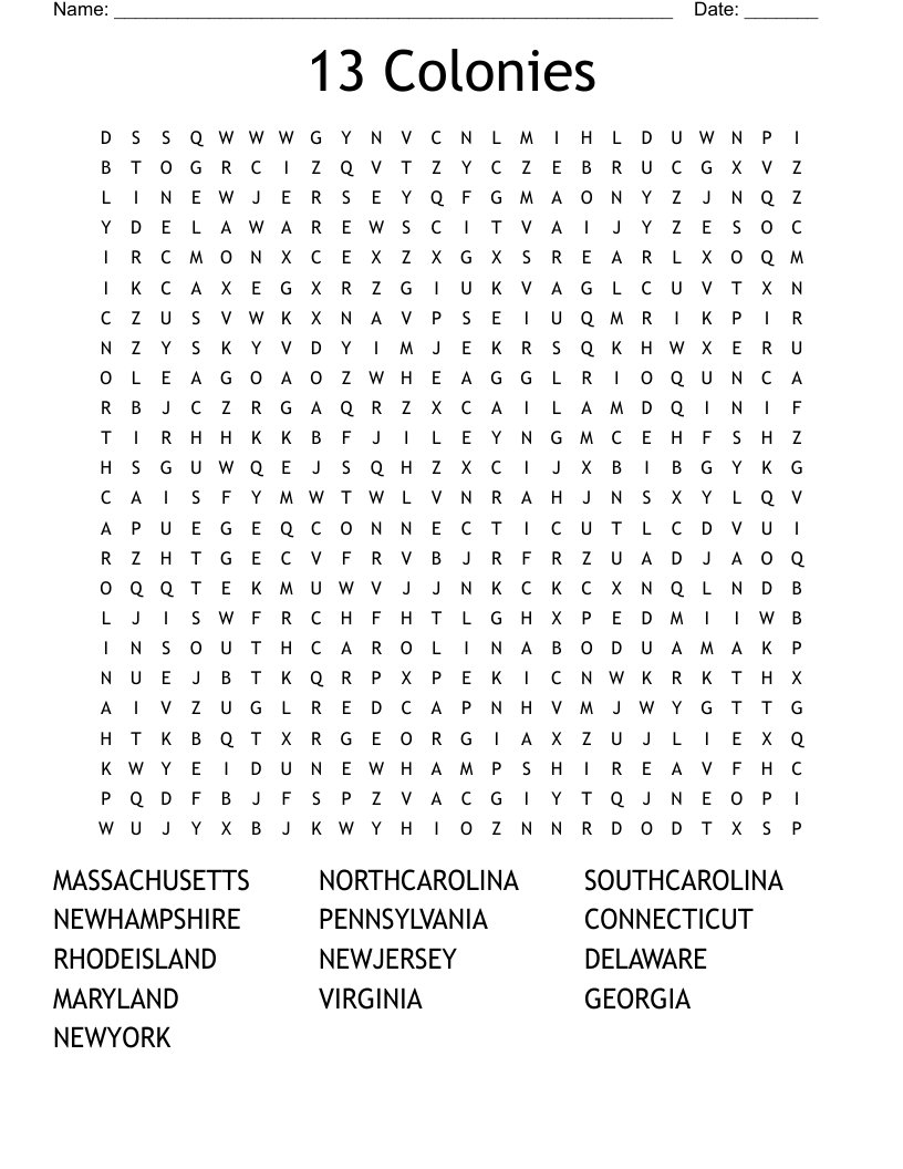 13 Colonies Word Search