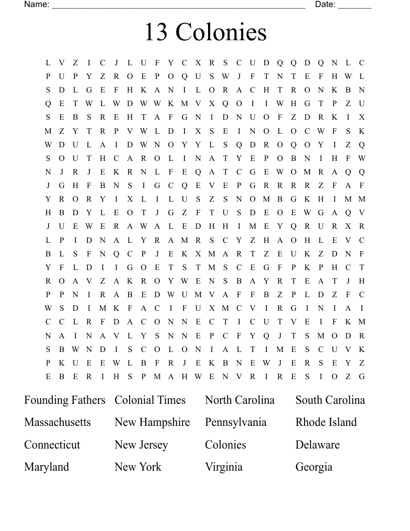 13 Colonies Word Search