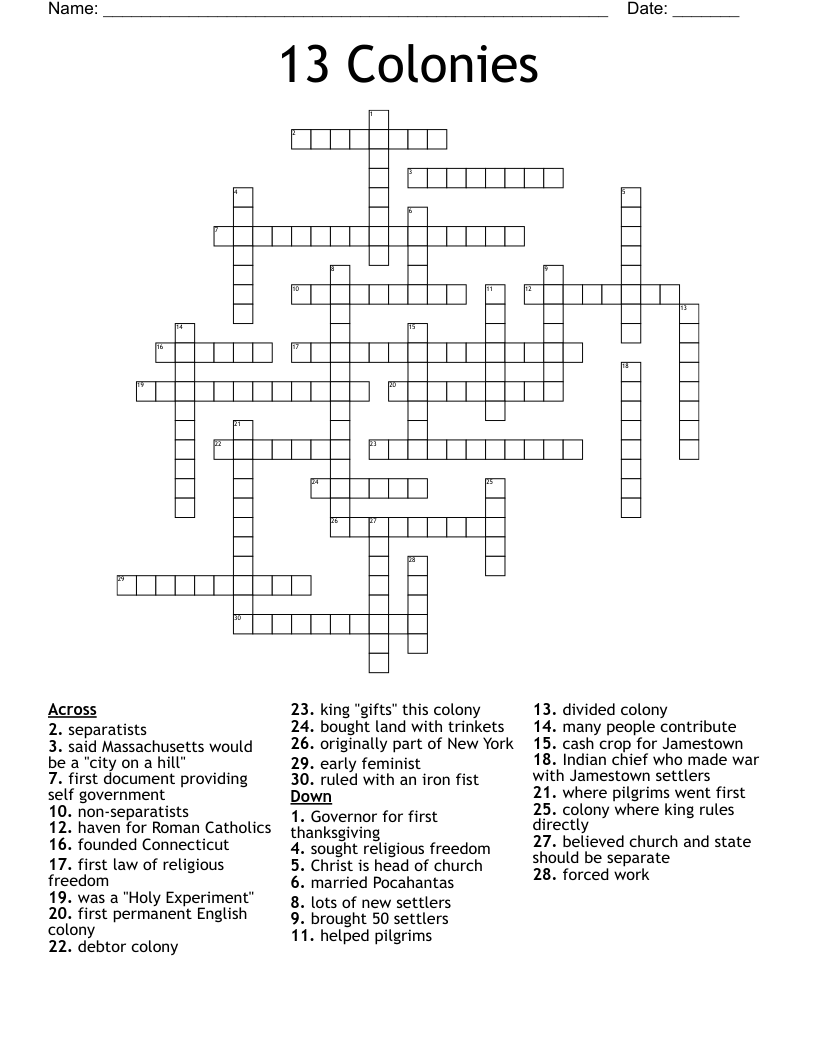 13 Colonies Crossword
