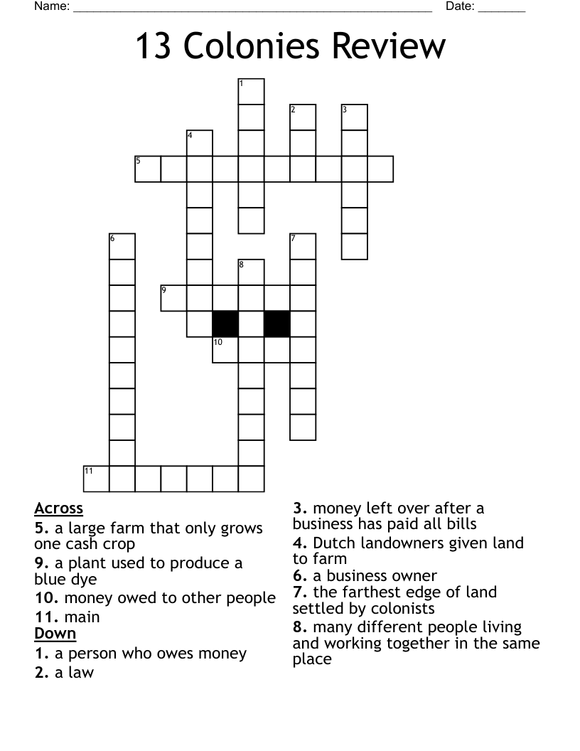 13 Colonies Review Crossword