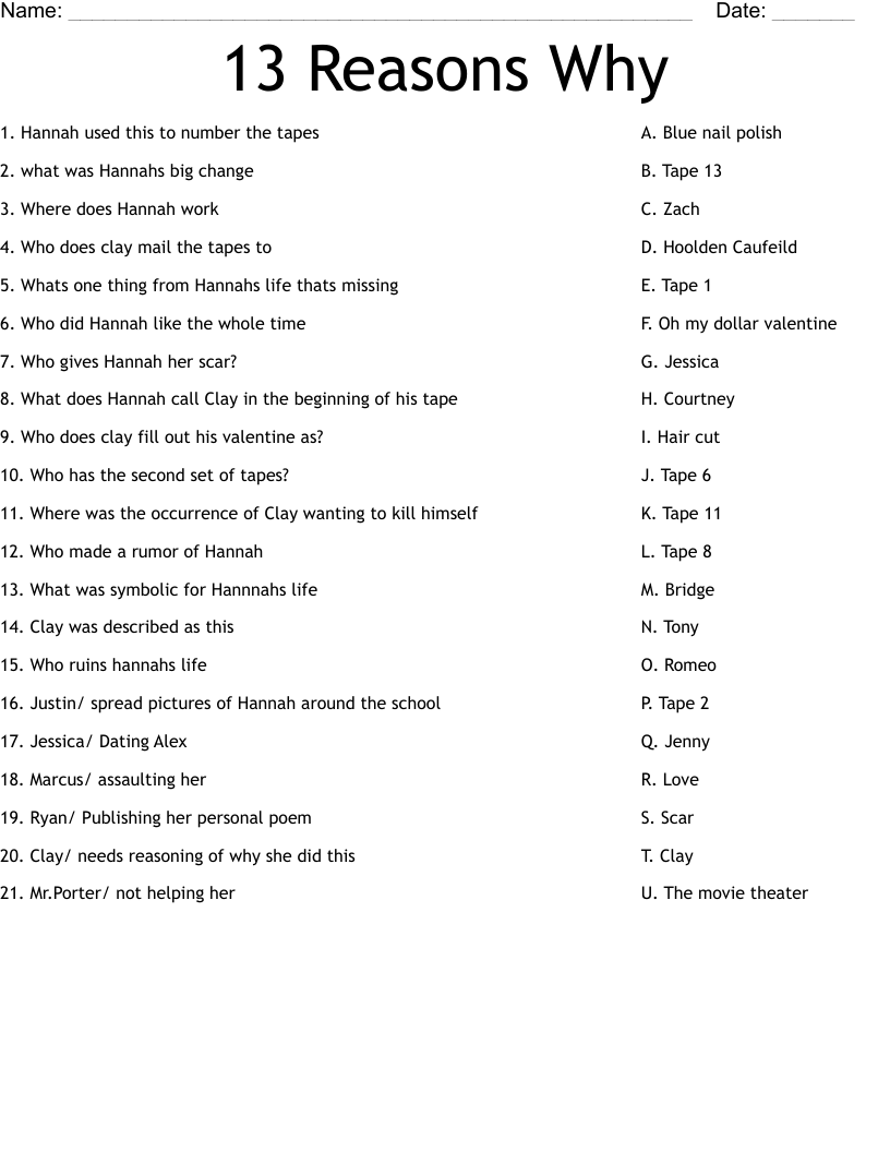 13 Reasons Why Worksheet