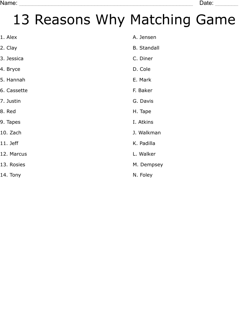 13 Reasons Why Matching Game Worksheet