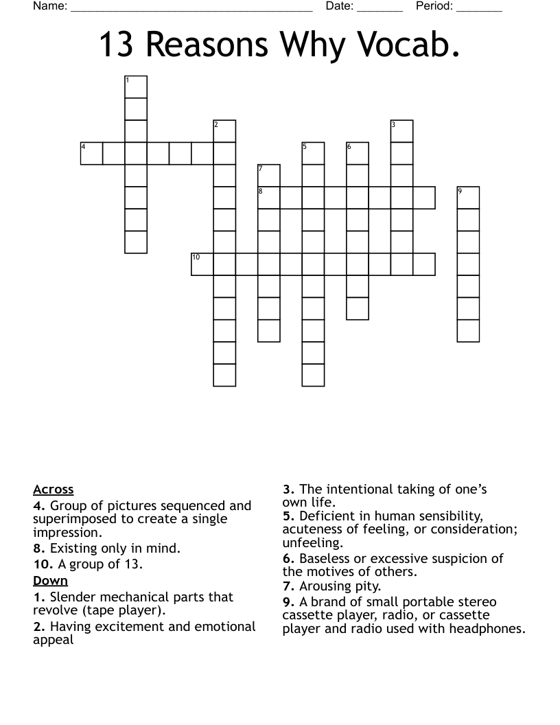13 Reasons Why Vocab.  Crossword