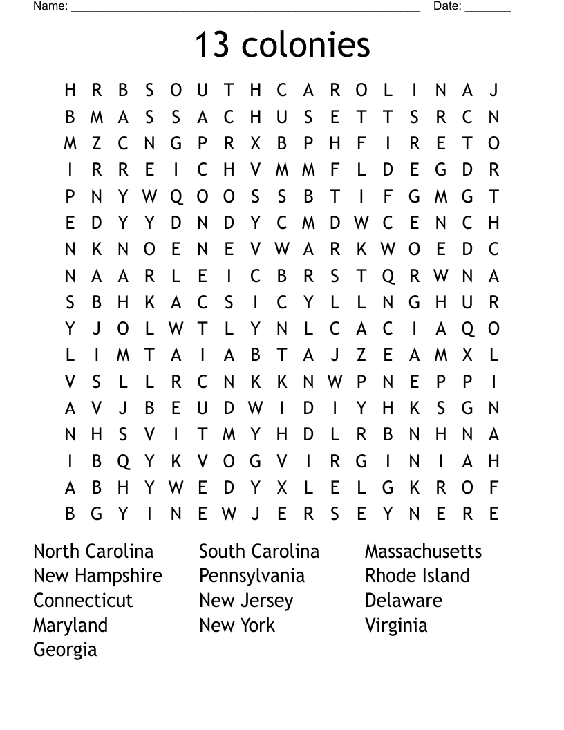 13 colonies Word Search