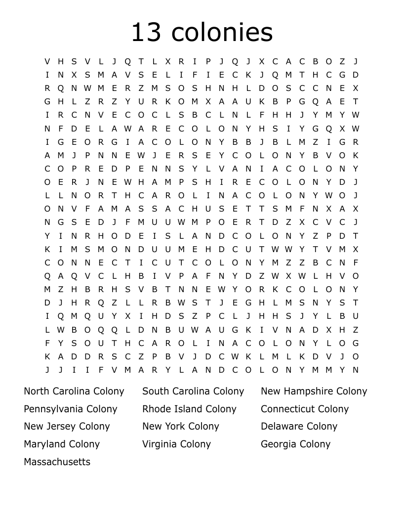 13 colonies  Word Search