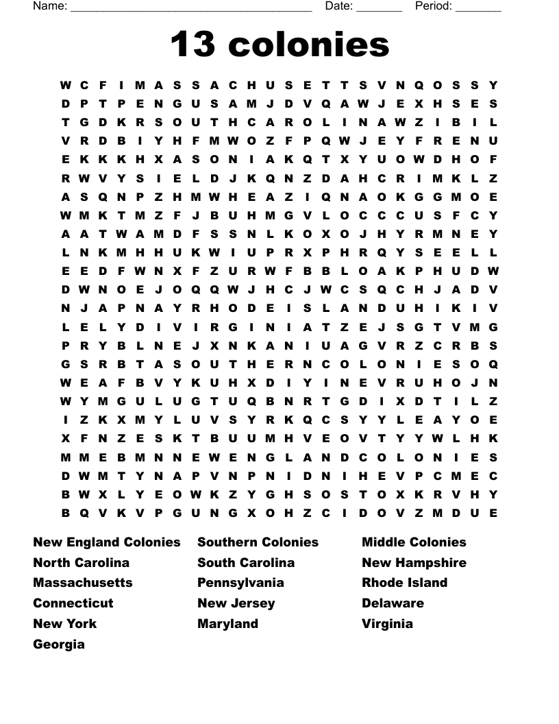 13 colonies  Word Search