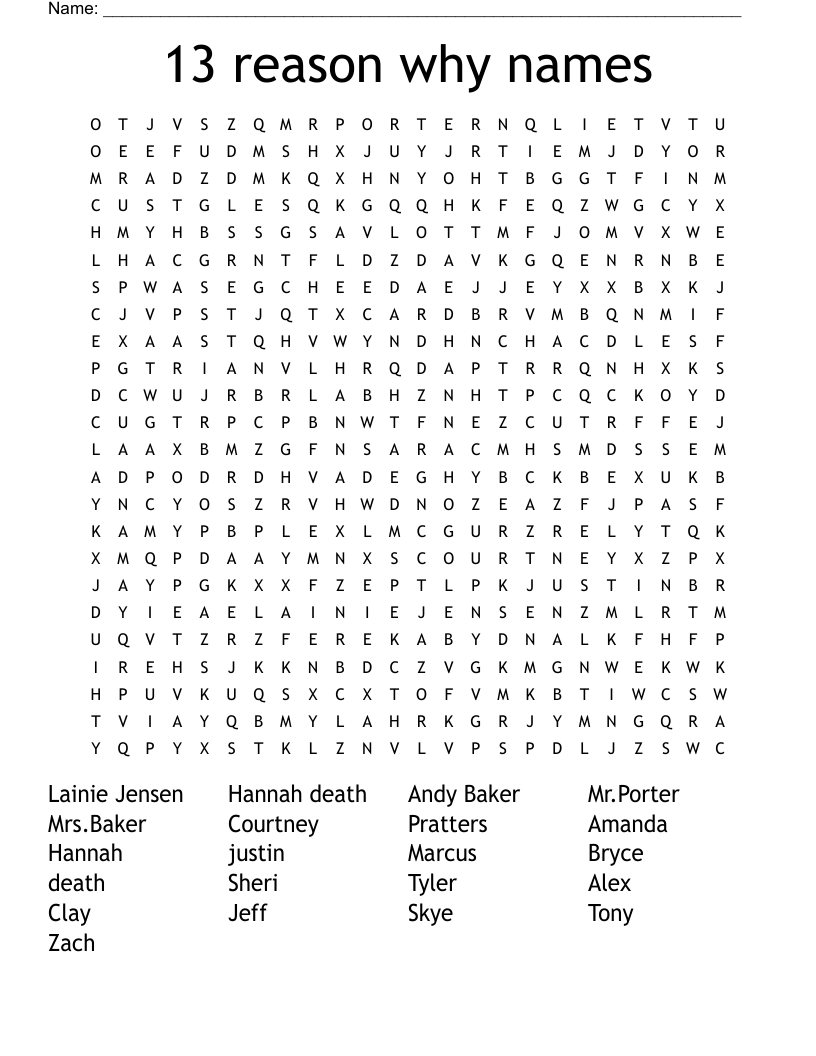 13 reason why names Word Search