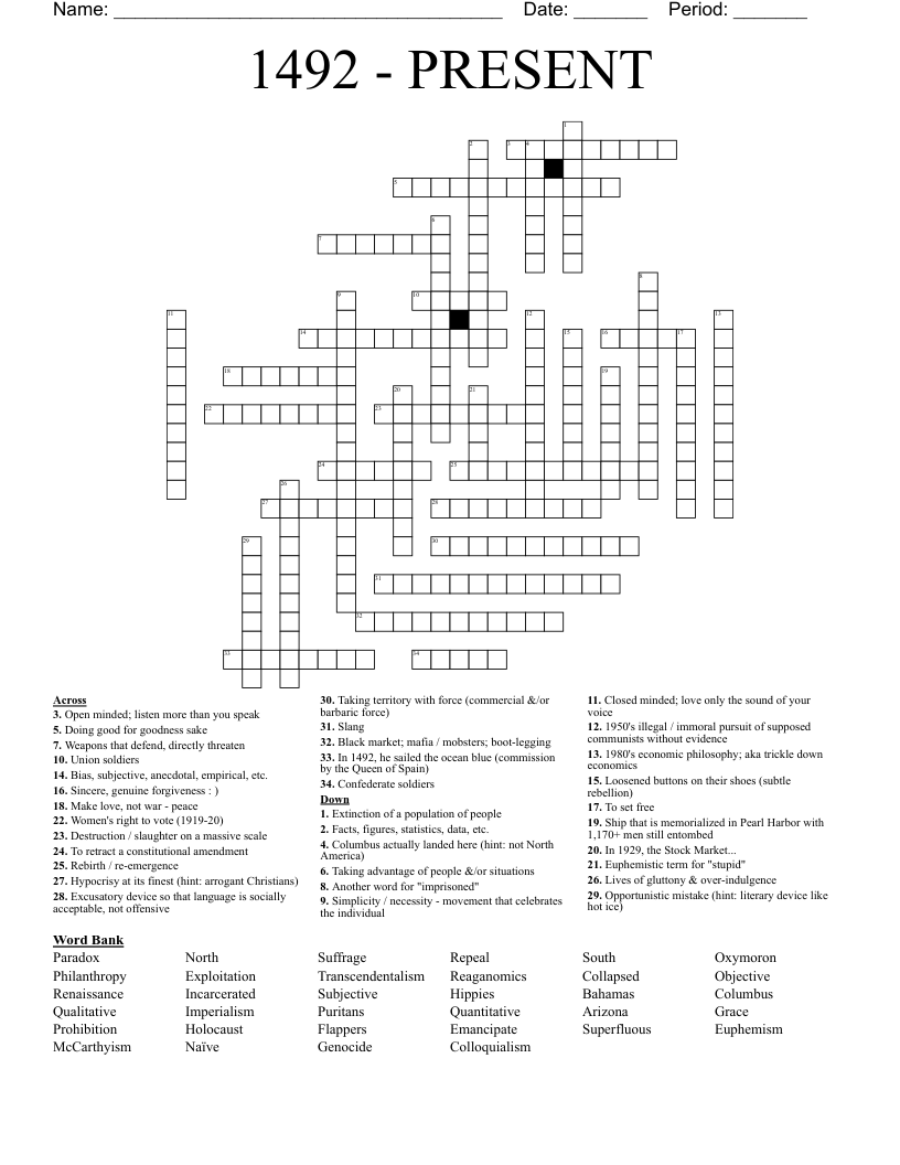 1492 - PRESENT Crossword