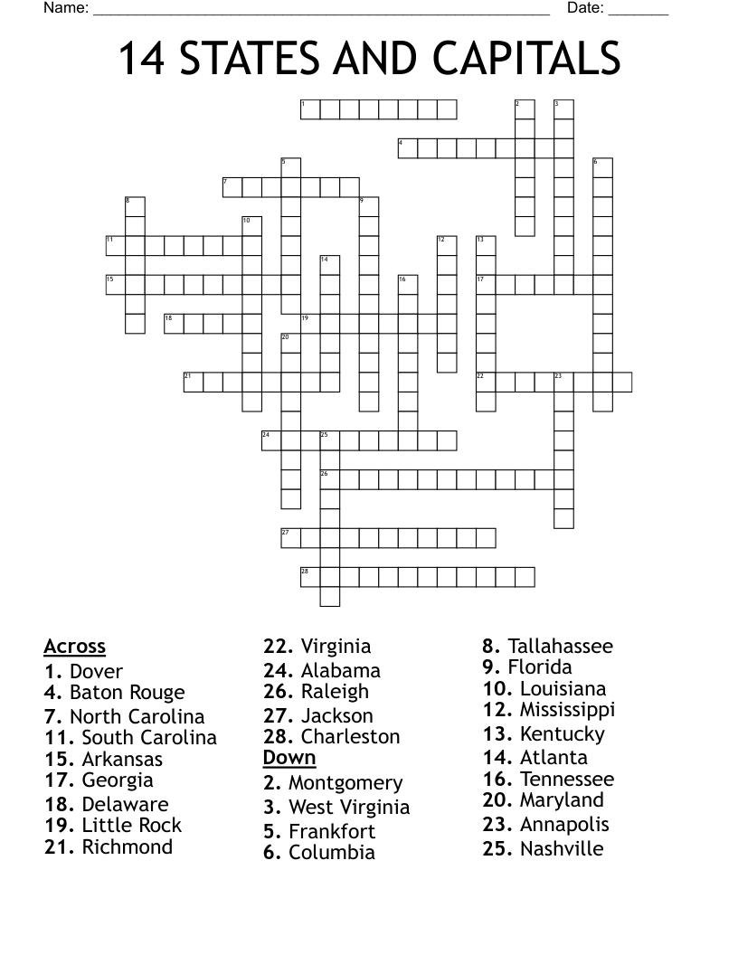 14 STATES AND CAPITALS Crossword