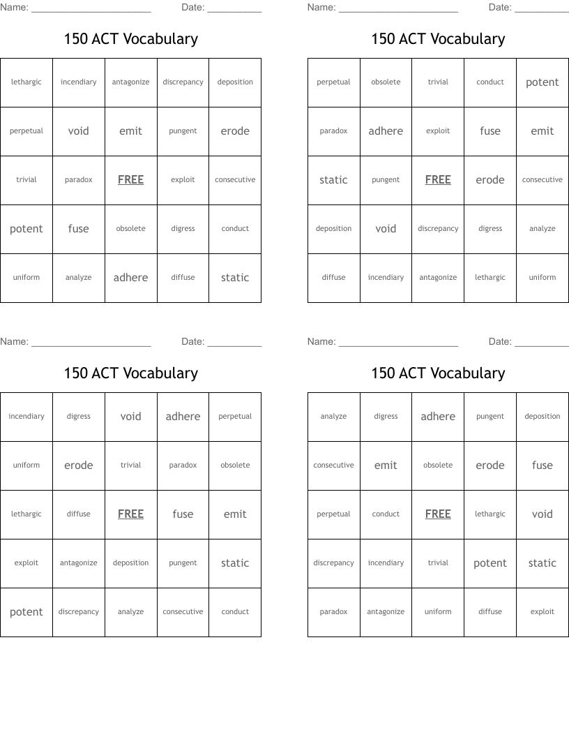 150 ACT Vocabulary Bingo Cards