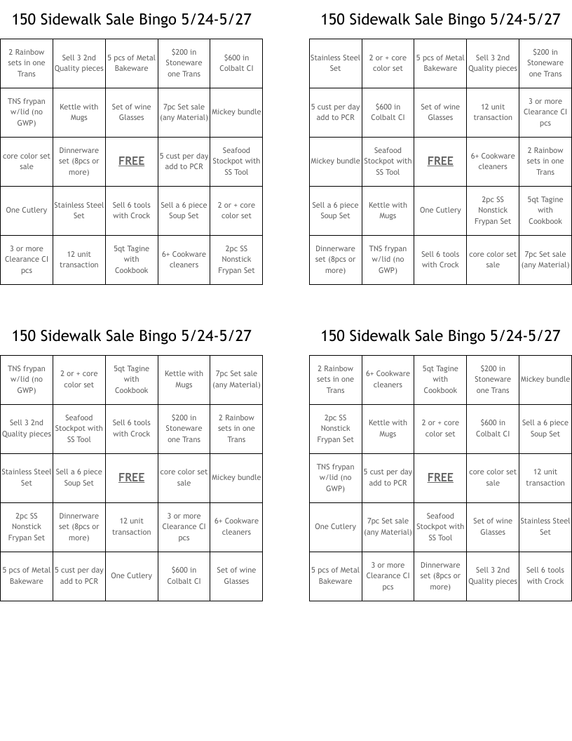 150 Sidewalk Sale Bingo 5/24-5/27
