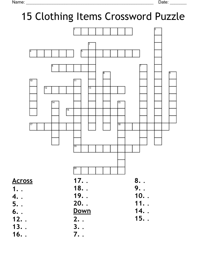 15 Clothing Items Crossword Puzzle