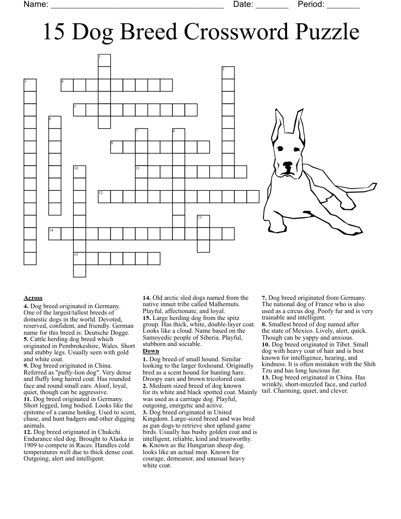15 Dog Breed Crossword Puzzle