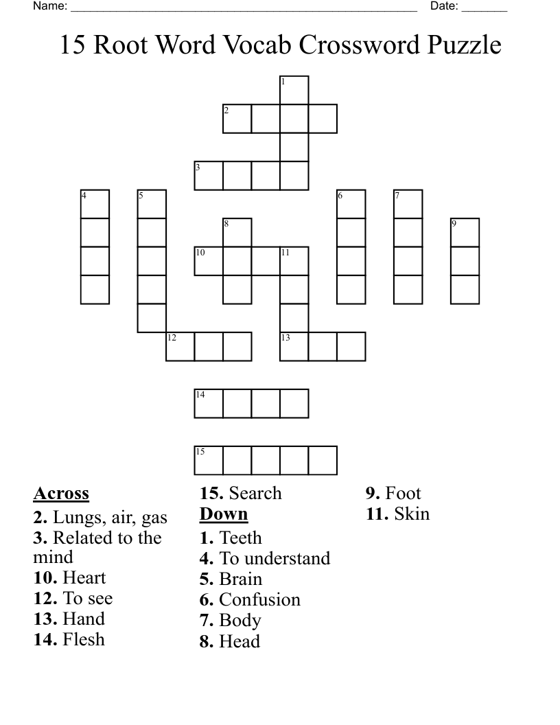 15 Root Word Vocab Crossword Puzzle