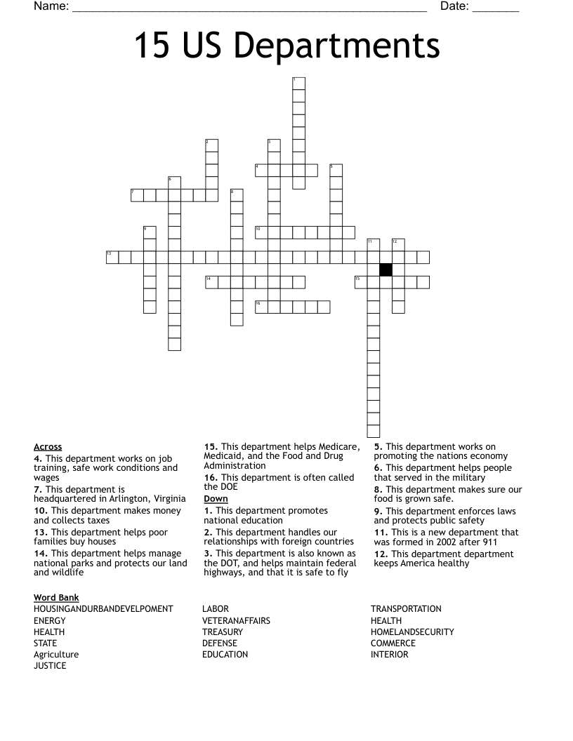 15 US Departments Crossword
