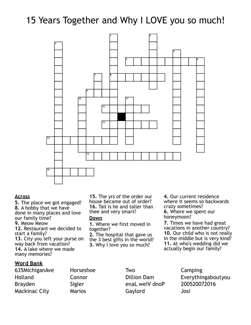 15 Years Together and Why I LOVE you so much! Crossword
