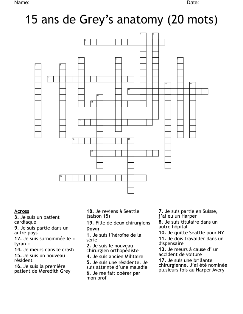 15 ans de Grey’s anatomy (20 mots) Crossword