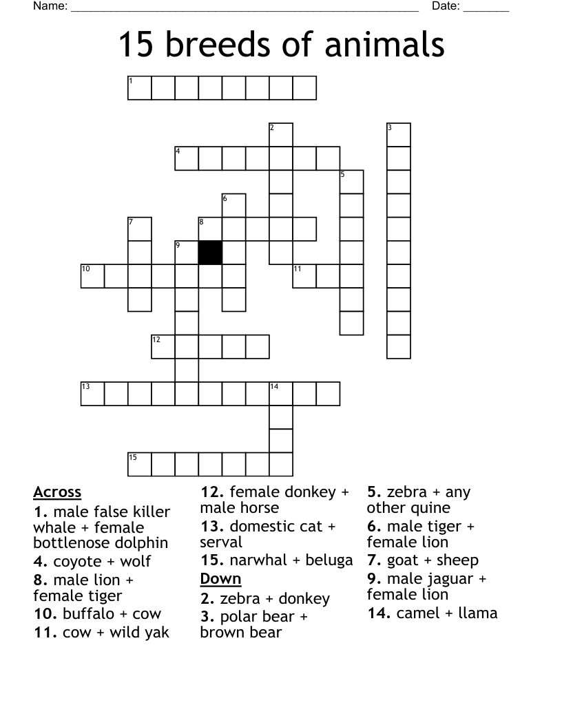 15 breeds of animals Crossword