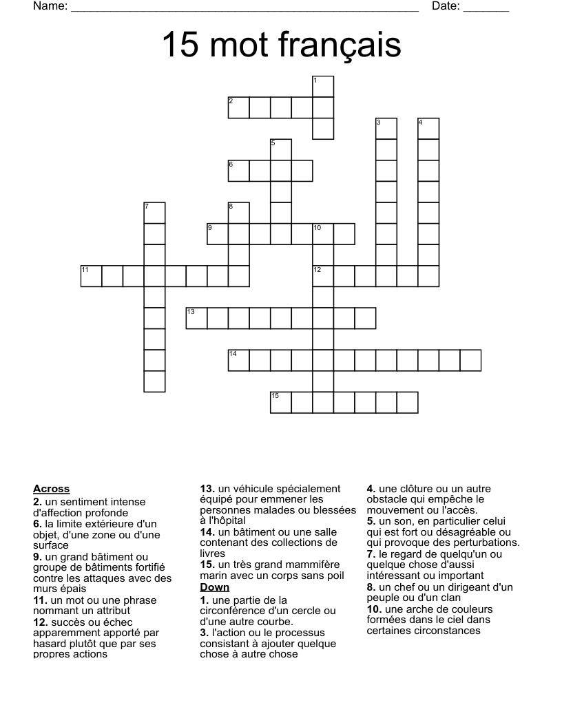 15 mot français Crossword