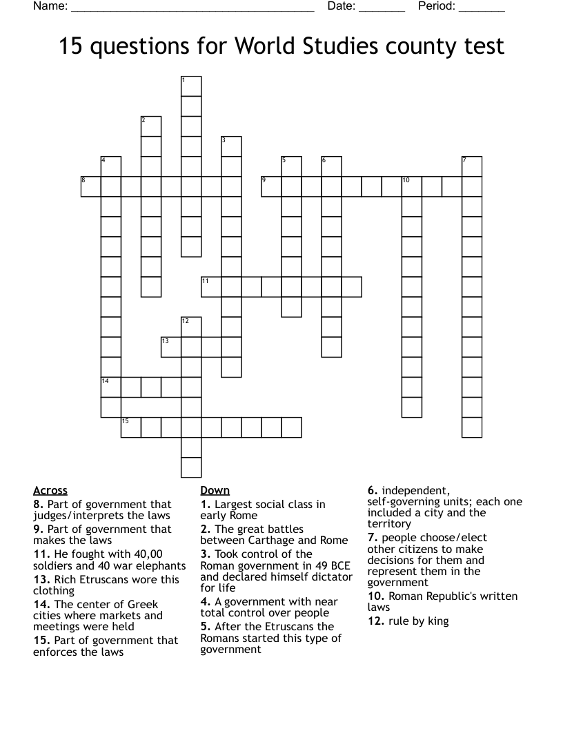 15 questions for World Studies county test Crossword