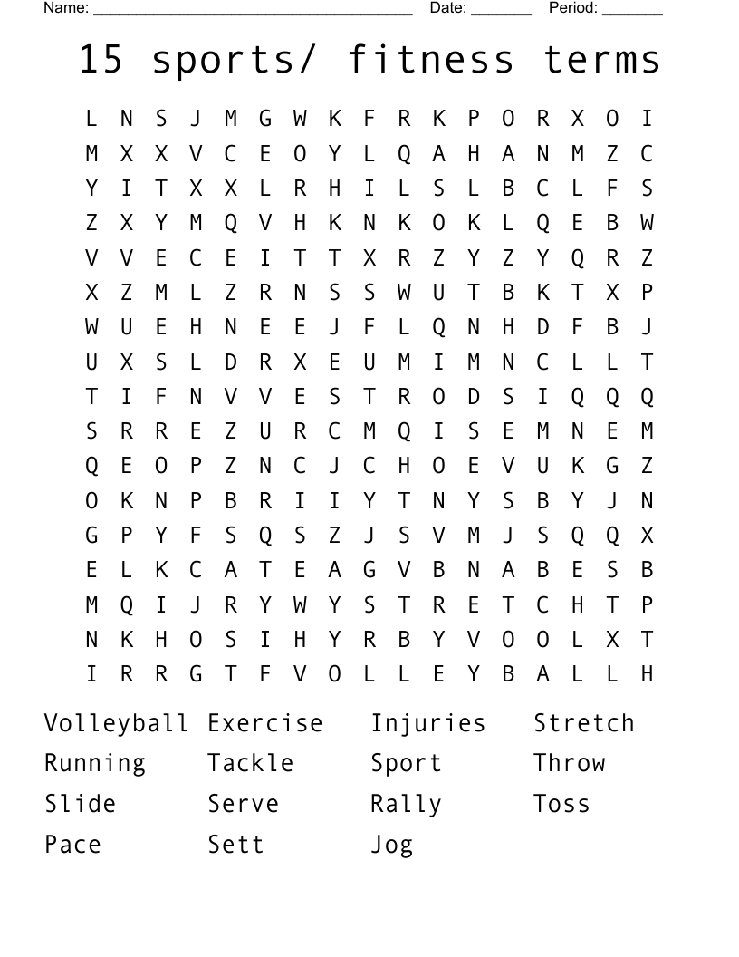 15 sports/ fitness terms Word Search