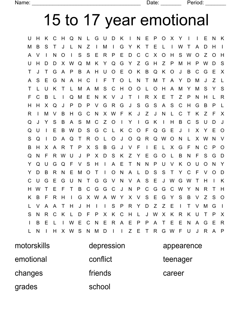 15 to 17 year emotional Word Search