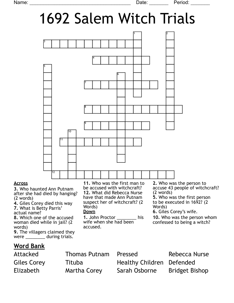 1692 Salem Witch Trials Crossword