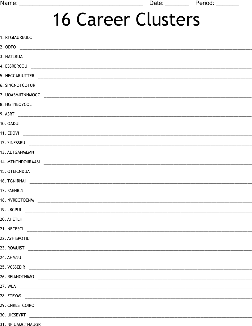 16 Career Clusters Word Scramble