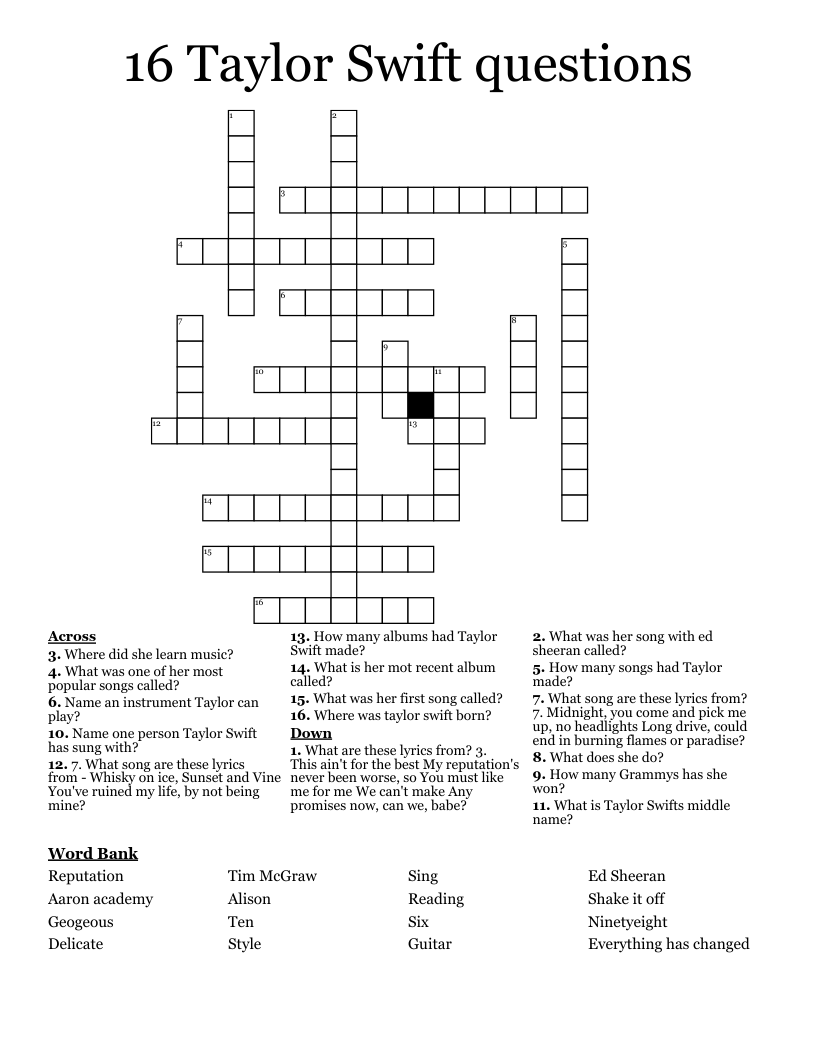 16 Taylor Swift questions Crossword