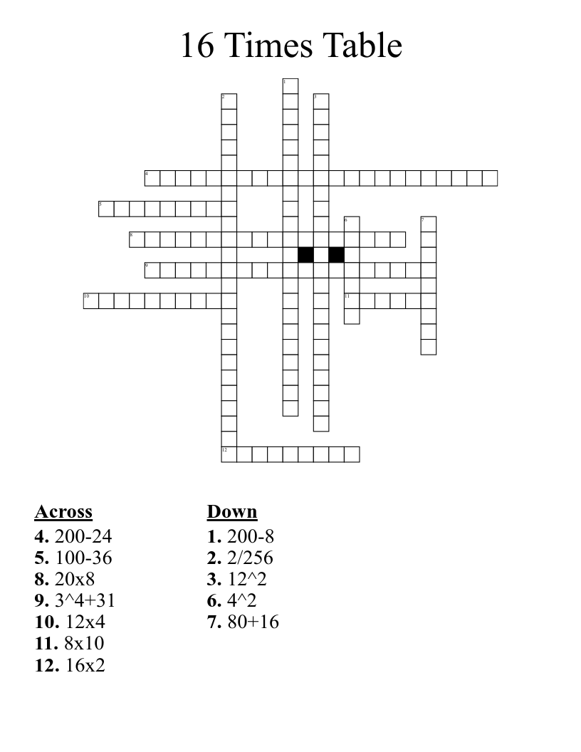 16 Times Table Crossword