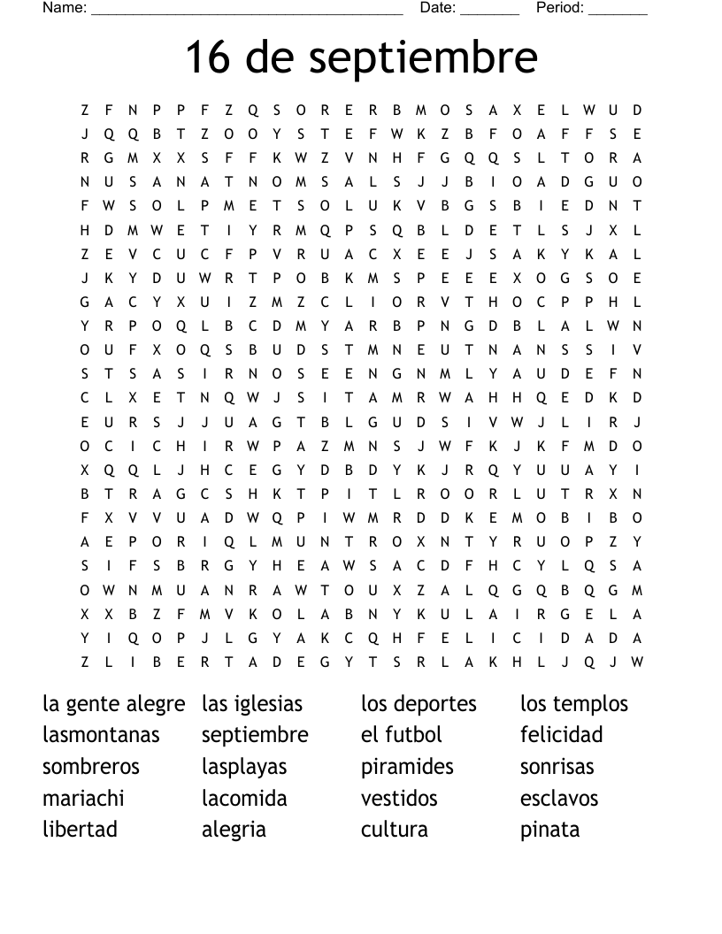 16 de septiembre Word Search